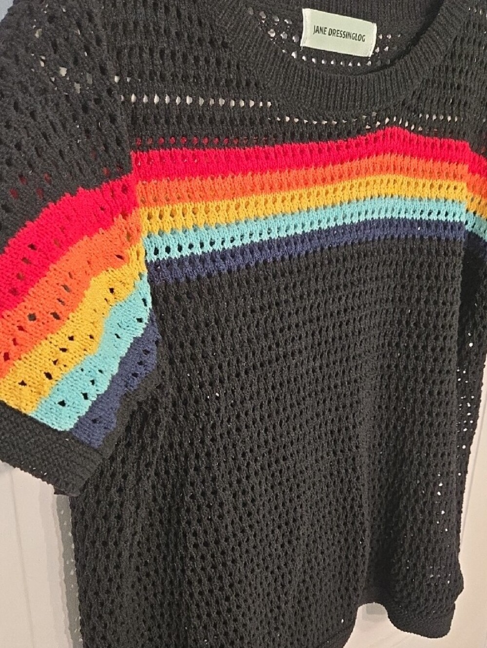 Jane Dressinglog Black Crochet Short-Sleeve Top with Rainbow Stripes Size XL - Picture 4 of 5